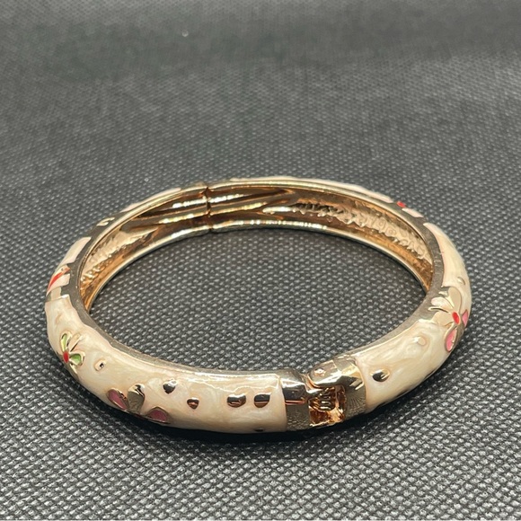 Jiu Long Xing Flowers Pink Purple Green  Cream Enamel Hinged Bangle Bracelet - Picture 5 of 7